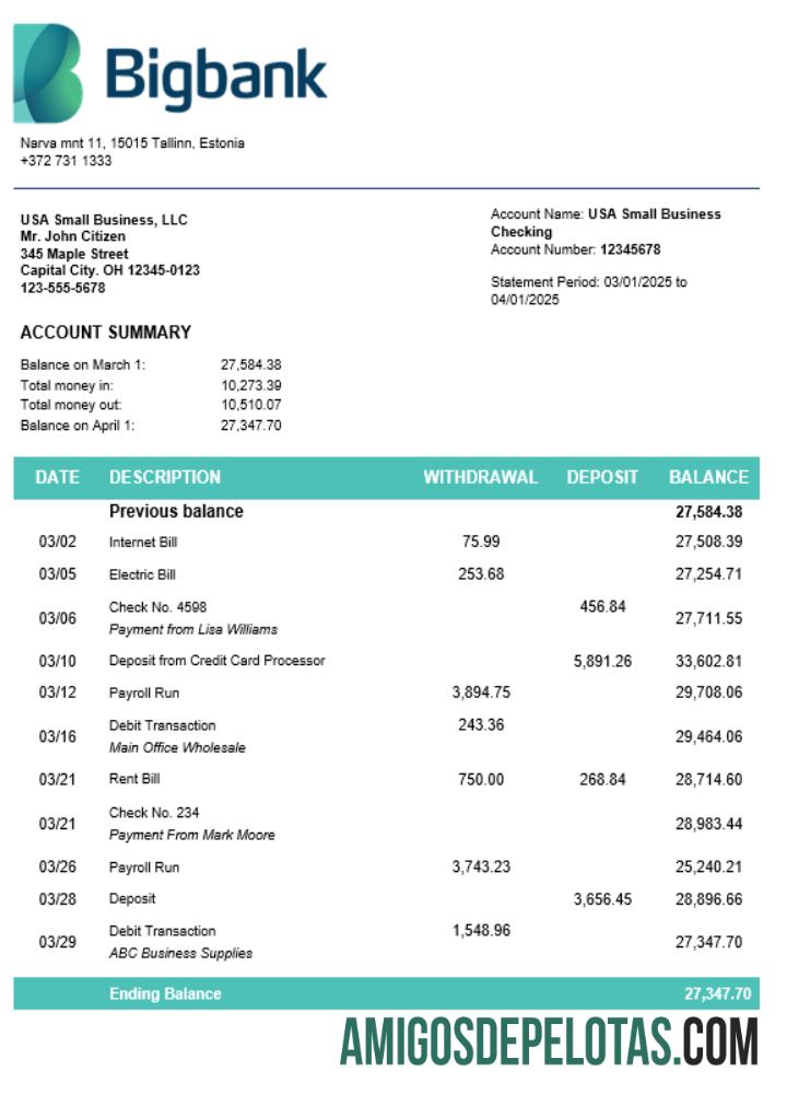 Realista Bigbank Firm modelo de extrato de conta Word e PDF